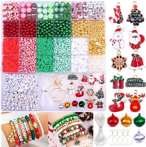 3680pcs Christmas Polymer Clay Beads Charms for Bracelets Making Kit Christmas Tree Snowman Santa Claus Snowflakes Bells Socks elk Friendship DIY Arts Crafts Gifts for Kids Girls