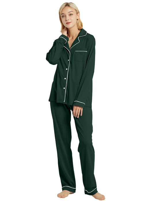 Honypove 100% Cotton Pajama Set for Women Long Sleeve Womens Sleepwear Button Down NightWear Soft Pj Lounge Sets (Forest green,S)
