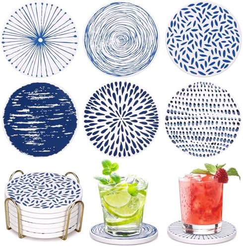 Absorbent Coasters Set of 6 Round Ceramic Coasters for Drinks Modern Blue Boho Coaster with Holder for Coffee Table Decor, Outdoor, Desk