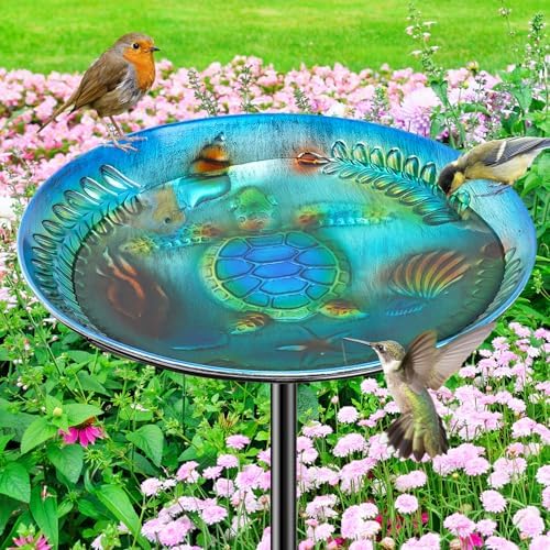 Metal Bird Bath for Outside Bird Feeder Bowl, Detachable Birdbath & Birdfeeder with Base Stake, Vintage Bird Baths for Outdoors Garden Yard Lawn Decor (Blue)