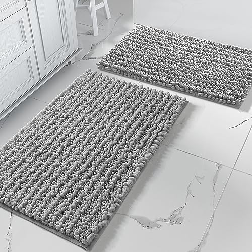 Yimobra Bathroom Rugs Sets 2 Piece - Luxury Chenille Shaggy Bath Mat, Super Absorbent & Non Slip & Quick Dry, Soft Thick Bathroom Carpet for Tub Shower Floor, Machine Washable, 32x20+24x17 Inch, Grey