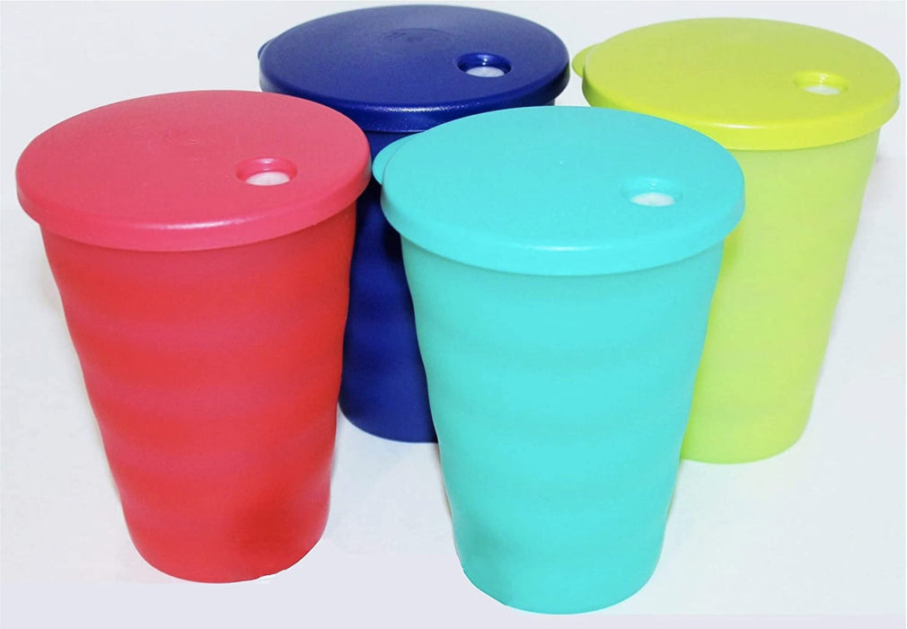 Tupperware (4) Impressions Tumblers 16 Ounce Cups Tokyo Blue, Parrotfish, Emberglow and Salsa Verde