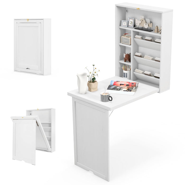 Tangkula Foldable Wall Mounted Desk, Floating Table with Storage Shelves & Hooks, Space-Saving Fold-Up Murphy Desk for Small Spaces, Home Office, Dorm Room