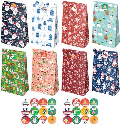24Pcs Christmas Treat Bags, Mini Xmas Gift Bags with Stickers, Goodie Small for Holiday Gifts Wrapping Party Favor.
