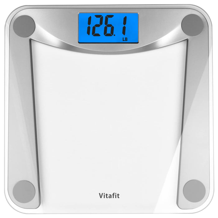 Vitafit Digital Bathroom Weight Scale for Body Weight, High Accuracy Assured by Weighing Professional Since 2001,Extra Large Blue Backlit LCD and Step-On, 400lb/180kg, Clear Glass