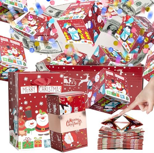 Christmas Surprise Gift Box Explosion for Money, Unique Folding Bouncing Red Envelope Gift Box with Confetti, Cash Pop Up Money Box for Christmas, Birthday, Anniversary, Valentine (15 Bounces, Red)