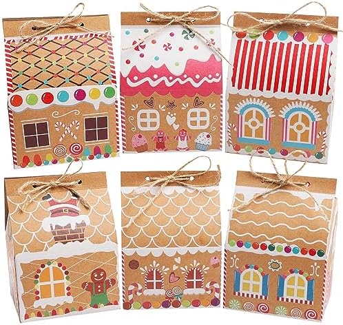 SULOLI 24 Pcs Christmas Kraft Paper Gift Boxes, Xmas Candy House Style Goodies Treat Bags for Christmas Party Favor