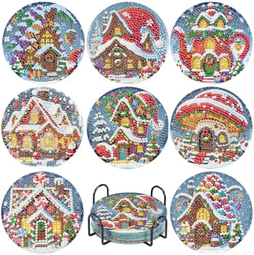 Tiwabb 8 Pack Christmas Diamond Art Coasters Kits,House Diamond Painting Coasters,Full Drill Diamonds Arts Kits for Adults 5D Non-Slip DIY Dot Paint Craft Kits & Home Decor Arts Craft