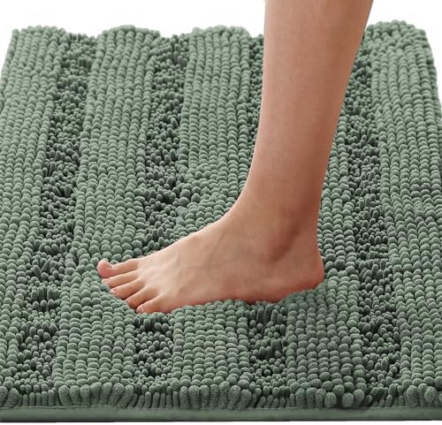 H.VERSAILTEX Bath Rugs for Bathroom Non Slip Bath Mats Extra Thick Chenille Striped Rug 20" x 32" Absorbent Non Skid Fluffy Soft Shaggy Washable Dry Fast Plush Mat for Indoor, Bath Room - Green Bay