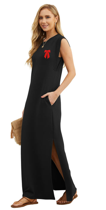 GRECERELLE Valentines Bow Dress for Women Petite Loose Split Casual Maxi Dress with Pockets (Black Red Bow, X-Small)