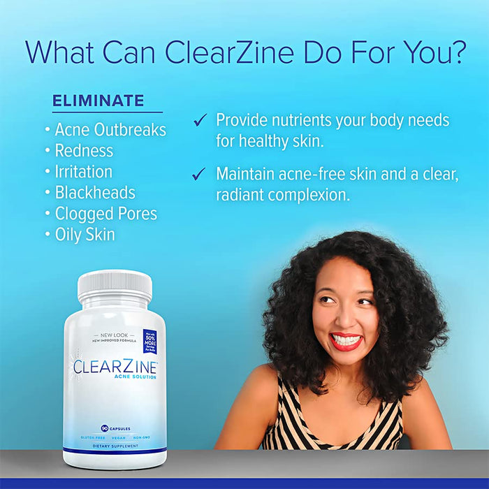 ClearZine Acne Pills for Teens & Adults | Clear Skin Supplement, Vitamins for Hormonal & Cystic Acne, 90 Caps