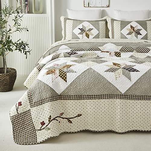 Brandream King Size Luxury Patchwork Quilts Cotton Farmhouse Quilted Comforter Set Vintage Quilt Bedding Set