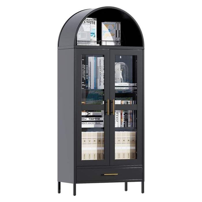 VEXPOR 73In Tall Metal Arched Cabinet, Arched Display Pantry Cabinet with Glass Door, Modern Farmhouse Bookcase with 1 Drawer and 2 Adjustable Shelves for Living Room, Black, Assembly Required