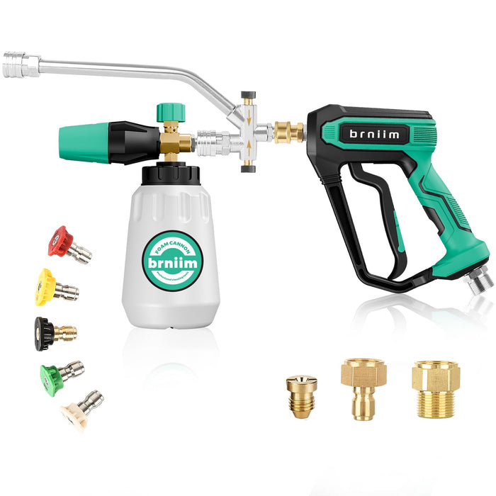 Brniim Pressure Washer Gun with Foam Cannon Car Wash Kit, Dual Channels-Foam/Water in 1s,1/4 Inch Quick Dual Connector Accessory for Car Wash Foam Gun & Pressure Washer Gun,with 5-Nozzle 3/8″ Swivel QC