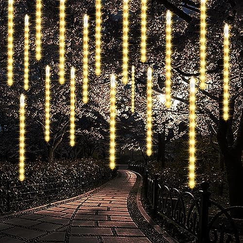 24 Tubes Meteor Shower Lights, Outdoor Icicles Christmas Decor, 12 Inch 864 LED Snow Falling Connectable Raindrop Lights, Xmas Wedding Party Tree Holiday Decoration, Warm White