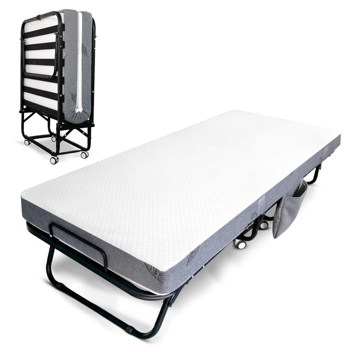Sapphirana Folding Bed with Mattress for Adults, Single Size Portable Foldable Bed with Strong Metal & Wood Frame, Rollaway Guest, 75" x 31"