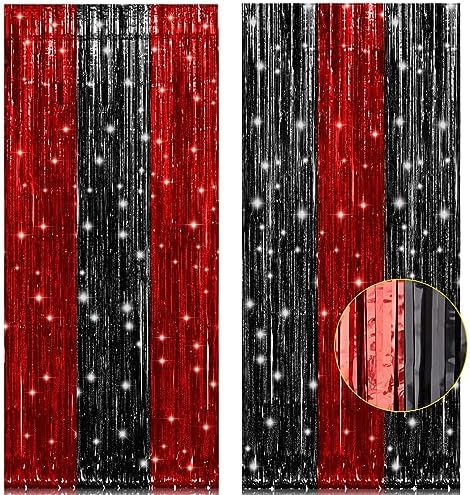 2 Pack 3.2x8.2 Feet Black and Red Foil Fringe Curtains Party Decorations, Tinsel Curtain Backdrop Streamers for Birthday Graduation Fiesta Stranger Theme Halloween Christmas Party Supplies