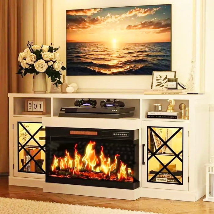 BREEZEHEAT 65" 3-Sided Electric Fireplace TV Stand for TVs up to 75", Glass Fireplace Entertainment Center with 30" LED Fireplace, Media Console w/Storage Cabinet & Glass Doors (White)