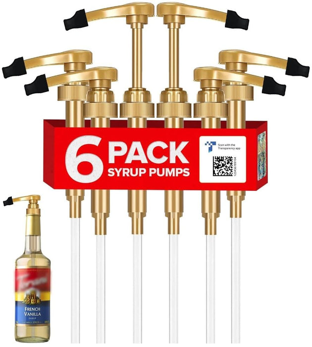 6-Pack Little Squirt Gold Coffee Syrup Pump Dispenser with Tip Cover – Fits 750ml (25.4oz) Torani, Skinny, DaVinci Bottles – Precise Coffee Syrup Dispenser for Coffee Bar & Home Use