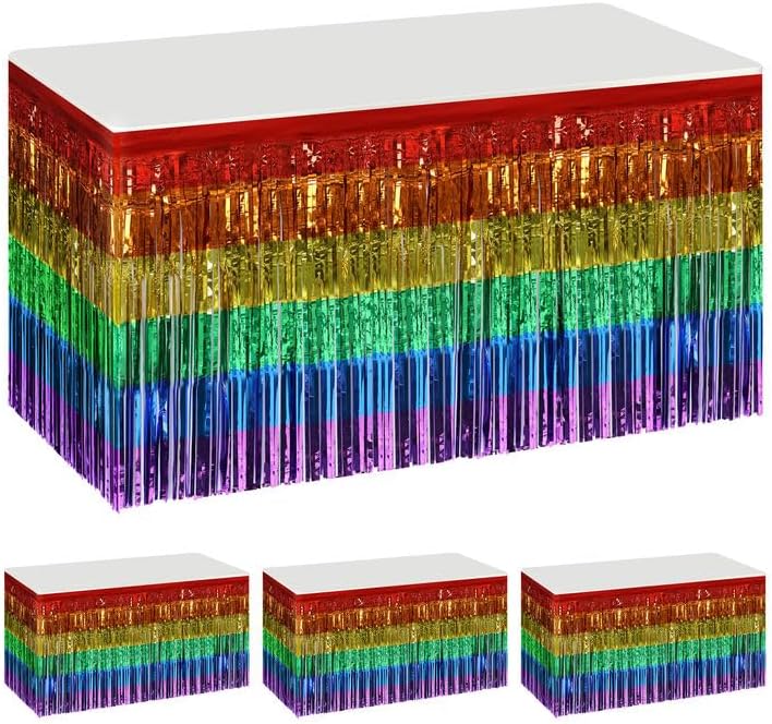 4 Packs Pride Rainbow Table Skirts- 110" x 30" LGBT Rainbow Metallic Foil Fringe Tinsel Table Skirts- Tinsel Foil Fringe Tablecloth LGBT Decorations for Gay Pride Day, Birthday, Wedding Party Decor