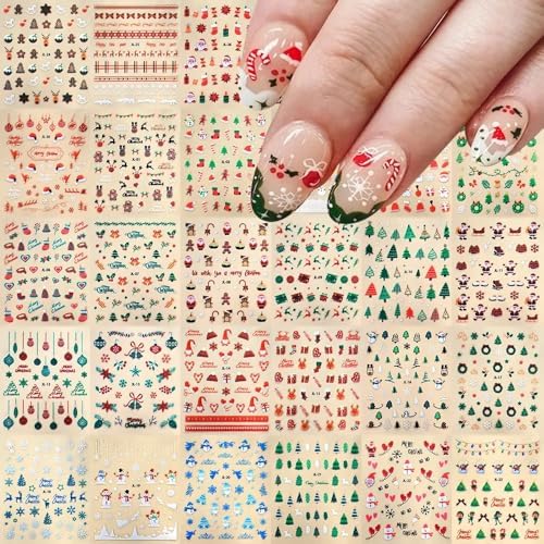 30Sheets Christmas Nail Stickers Green Christmas Tree Nail Decal 3D Self Adhesive Red Santa Claus for Nail Art Stickers Christmas Nail Art Supplies for Women Girls Manicure Decorations