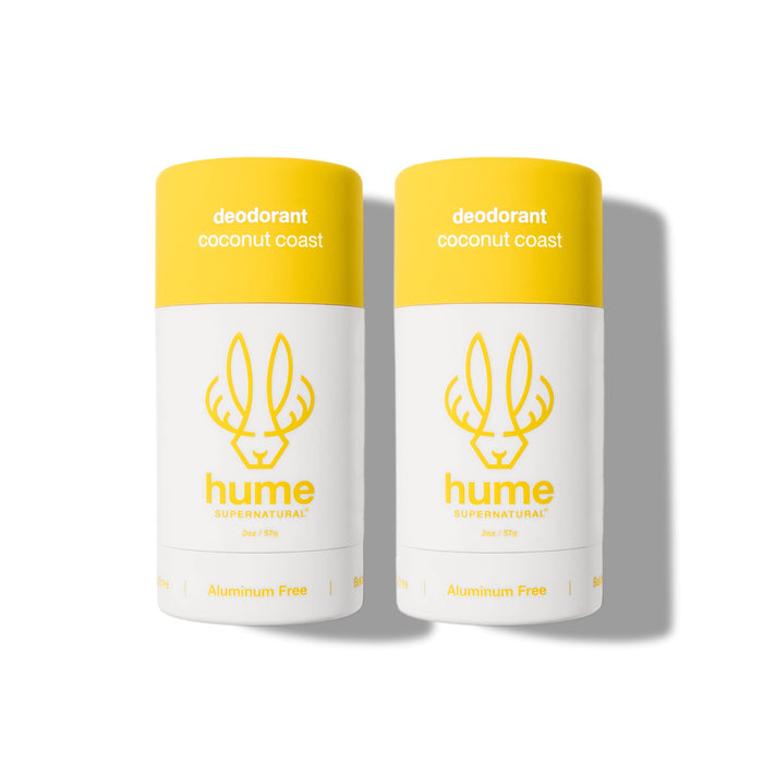 Hume Supernatural Aluminum Free Deodorant for Women & Men - Safe for Sensitive Skin - Probiotic, Plant-Based, Baking Soda Free, Aloe, & Cactus Flower, Anti Sweat, Stain & Odor - Coconut Coast 2-Pack