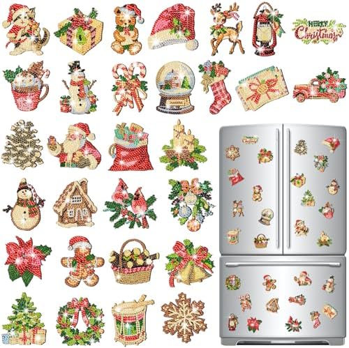 30 Pcs Christmas Diamond Art Magnets Kits DIY Santa Claus Diamond Fridge Magnetic Stickers Xmas Gem Art Magnets for Beginners Holiday Decor Home
