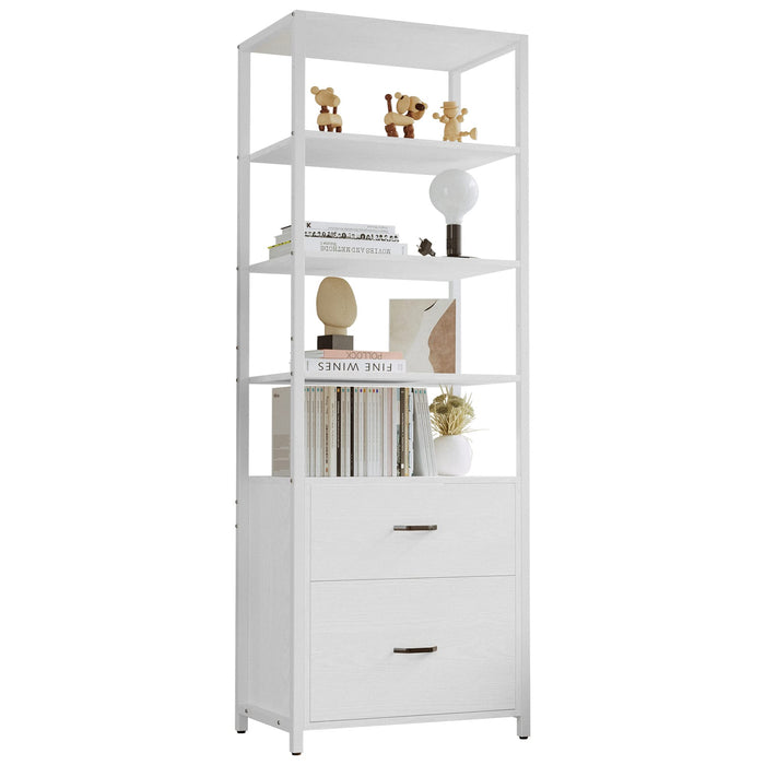 IRONCK Industrial Bookcase with File Cabinet Drawers, 71.6 in Tall Bookshelf 5 Tier, Freestanding Storage Home Office Cabinet Organizer, Rustic Home Decor, White