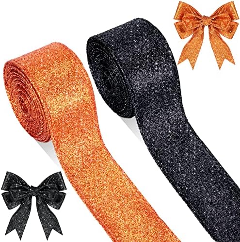 2 Roll 20 Yards Christmas Ribbon Wired Glitter Thick Ribbon Metallic Wired Ribbon Gift Wrapping Christmas Tree Ribbon for DIY Crafts Xmas Party Wrapping Decorations (Black, Orange, 1.5 Inch)