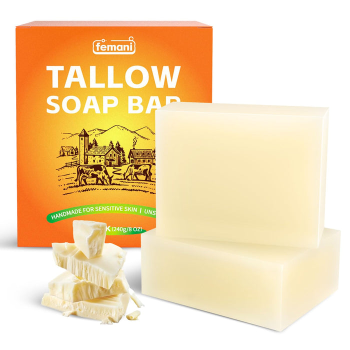 Beef Tallow Soap Bar - (2 Packs) All Natural and Organic Grass Fed Tallow Soap Unscented - Moisturizes, Soothes, Hydrates Face & Body Wash Great for Itchy, Dry, Sensitive Skin, Handcrafted Bath Soap