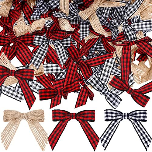 60 Pieces Christmas Mini Burlap Bows for Crafts Red and Black Checkered Gingham Ribbon Farmhouse Home Decoration for Christmas Tree DIY Crafts Gift Decorations