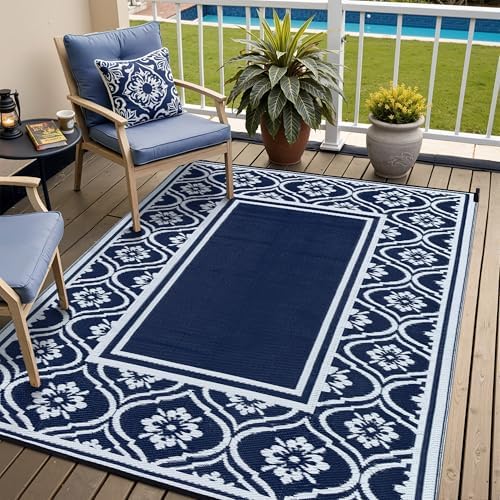 Outdoor Patio Rug 5'x8' Waterproof Outside Area Rugs Blue Reversible Plastic Straw Carpet for RV Deck Camping Entryance Porch Picnic Balcony Beach