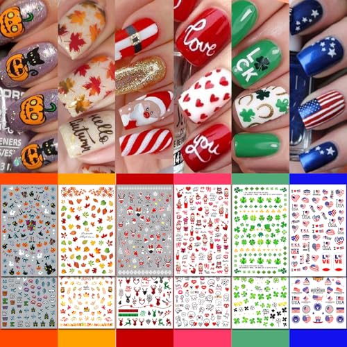 30 Sheets All Holiday Nail Art Stickers, Variety Pack Seasonal Nail Decals for All Year, Self-Adhesive Pegatinas Uñas St. Patrick's Independence Day Halloween Fall Christmas Heart Design