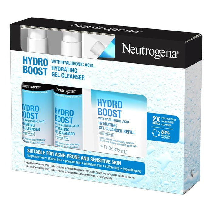 Neutrogena Hydro Boost Fragrance Free Hydrating Gel Facial Cleanser with Hyaluronic Acid, Daily Foaming Face Wash & Makeup Remover, Gentle Face Wash W/Refill