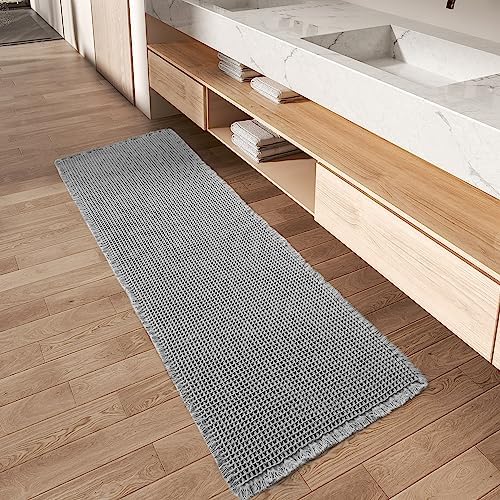 Upgraded Waffle Runner Rug Super Absorbent Non Slip Bath Mats for Bathroom Machine Washable Bathroom Runner Rug with Tassels, Ideal for Hallway Bedroom Laundry Room, Light Grey, 2'x 4'（24" x 48")
