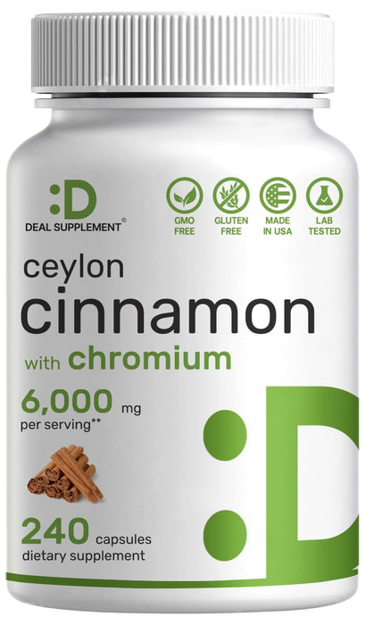 Ceylon Cinnamon 6,000mg with Chromium 1,000mcg Per Serving, 240 Capsules –Active Inner Bark Extract – True Sri Lanka Source – Natural Cinnamon Supplements– Non-GMO