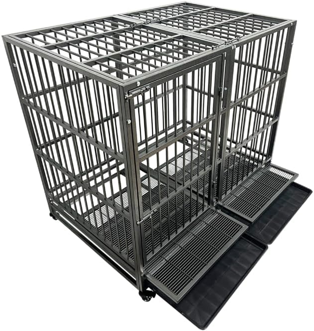54/48/42/38 inch Heavy Duty Indestructible and Escape-Proof Dog Crate Kennel for Large Dogs, High Anxiety Dog Cage with Removable Trays, Wheels and Double Door, Extra Large XL XXL
