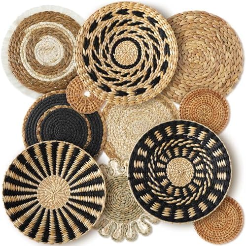 11 Pcs Boho Hanging Wall Basket Decor Handmade Woven Basket Wall Decorative Boho Wicker Baskets Placemats Round Farmhouse Bulrush Art for Rustic Home Decorations Christmas Gift(Assorted)