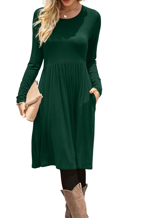 DB MOON 2025 Women Casual Long Sleeve Fall Dresses Knee Length Loose Christmas Dark Green Dress with Pockets 3XL