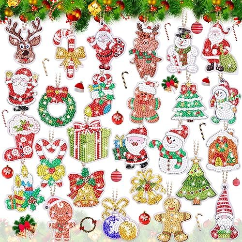 Qinzave 26 Pcs Christmas Diamond Art Painting Keychain 5D Diamond Art Keychain Painting, Diamond Art Christmas Ornament Rhinestone Hanging Ornament for Xmas Decoration DIY Art Craft Supplies