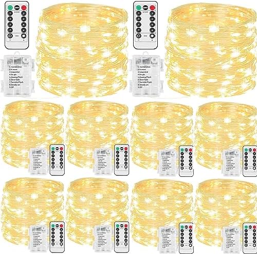 Beieverluck 10 Pack 33FT 100 LED Fairy Lights Battery Operated Fairy Lights with Remote and Timer Waterproof String Lights Outdoor Indoor for Bedroom Wedding Christmas Decorations, Warm White