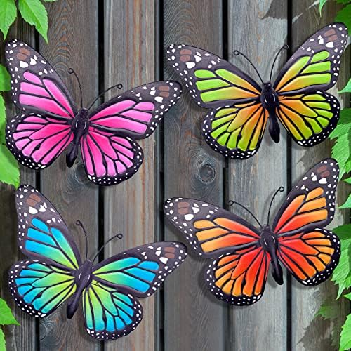 Metal Butterfly Wall Art Outdoor Decor - 4 Pack 9.8in Butterflies Wall Sculpture Hanging Decor for Outdoor and Indoor, Balcony Yard Patio Fence Garden Decorations, Nice Gift for Mom Friend