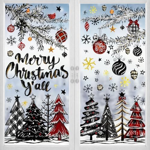 136 PCS Christmas Window Clings Stickers Winter Snowflakes Merry Christmas Tree Pine Branches Window Decals for Xmas Party Home Holiday Shop Glass Display Decoration