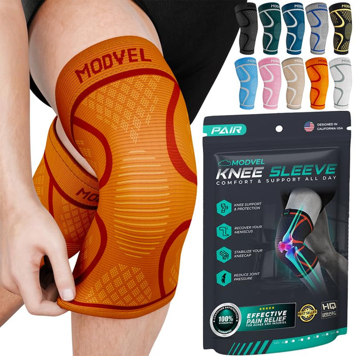 Modvel 2 Pack Knee Brace for Women & Men - Workout Knees Compression Sleeve for Knee Pain Relief Joint Support for ACL, Arthritis, Meniscus Tear Knees Brace for Sports, Rodilleras para Gym Fitness