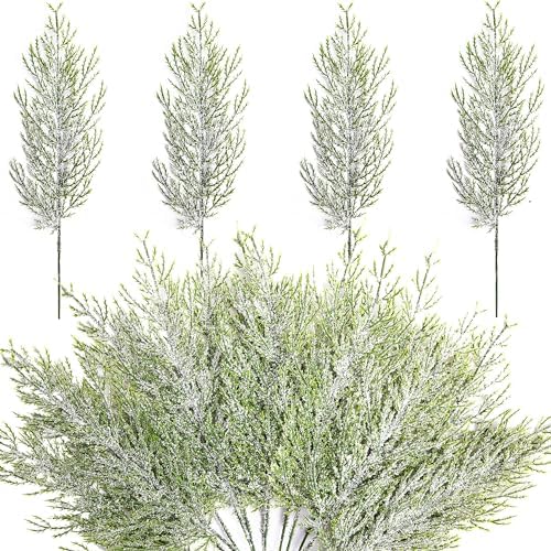 Alpurple 30 Pcs Christmas Snow Frosted Pine Branches- 13.5" Snowy Artificial Pine Needles Branches Twigs- Greenery Ceder Sprigs Pine Picks Stems for Christmas Wreath Home Garden Decoration