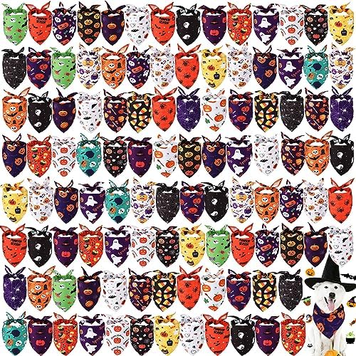 Sanwuta 100 Pcs Halloween Dog Bandanas Bulk Pumpkin Bat Spider Skull Pattern Dog Bandanas for Dogs Triangle Bibs Scarf for Small Medium Large Pet Christmas Costume Accessories(X-Large)