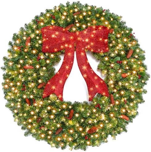 SHareconn 48 Inch Large Artificial Pre-Lit Christmas Wreath for Outdoor Decoration, 210+60 Multi-Color LED Lights with Mantel Bow, 618 PVC Tips, Plug-In Power for Indoor/Outside Xmas Door & Wall Decor