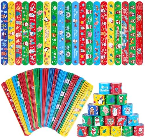 200 Pieces Christmas Slap Bracelets Xmas Wristbands Bracelets Santa Claus Snow Xmas Tree Decorations Slap Bracelets Wristband for Christmas Treat Bag Stuffers，Christmas Giveaways，20 styles