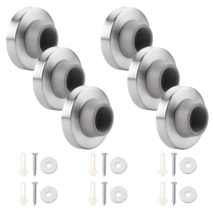 6pcs Concave Wall Door Bumper Stop Gray Rubber Wall Mount Door stoppers Silver Stainless Round Door Knb Stop Protector Prevent Door Handle Damage Shield Walls, Easy to Install (Grey)
