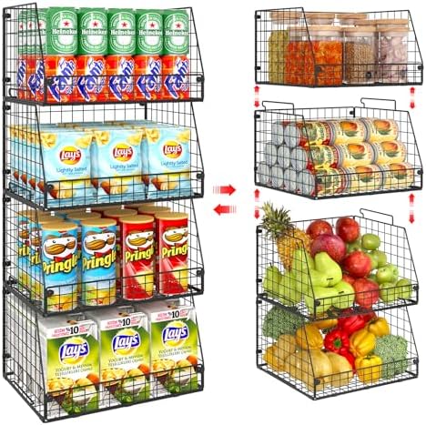 4 Pack XXL Stackable Wire Storage Basket, Extra Large Capacity Pantry Organizer and Storage, Muti-Purpose for Vegetable Fruit Basket & Can Organizer & Snack Rack & Metal Pantry Bin